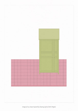 Auf einem rosa Fliesenboden steht ein einfacher grüner Kleiderschrank, gestaltet in einem minimalistischen Stil mit klaren Linien und gedämpften Farben.