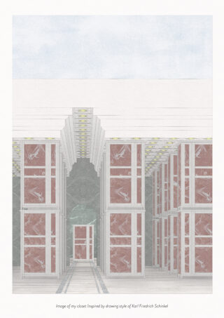 Digitale Zeichnung eines Schrankinneren mit Marmorschränken, klassischen architektonischen Details und einer gewölbten Decke, inspiriert vom Stil Karl Friedrich Schinkels.