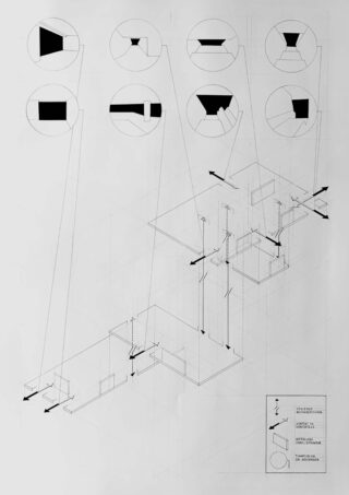 Schwarzweißes isometrisches Architekturdiagramm, das Bauelemente zeigt, mit kreisförmigen Einschüben, die Schnitte und durch Pfeile gekennzeichnete Verbindungspunkte detailliert darstellen.