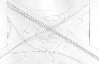 Eine Bleistiftskizze aus sich kreuzenden geraden und gekrümmten Linien, die auf weißem Papier geometrische Formen bilden und einer abstrakten architektonischen oder technischen Zeichnung ähneln.