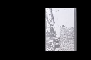 Auf einer vertikalen rechteckigen Fläche wird vor einem schwarzen Hintergrund ein abstraktes Graustufenbild mit pixeligen und strukturierten Mustern angezeigt.