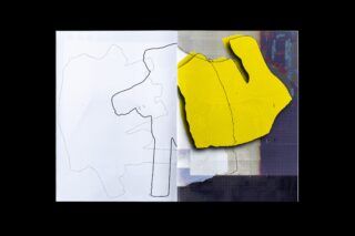 Ein abstraktes Kunstwerk zeigt eine schwarze Umrissskizze auf weißem Hintergrund neben einer strukturierten gelben Form auf gepunktetem, mehrfarbigem Hintergrund.