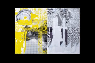 Abstraktes digitales Kunstwerk, vertikal geteilt; die linke Seite weist gelbe und schwarze Pixelmuster auf, während die rechte Seite digitale Verzerrungen in Graustufen auf schwarzem Hintergrund zeigt.