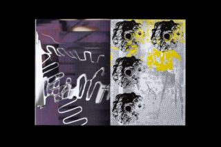 Ein offenes Buch zeigt abstrakte Kunst; die linke Seite zeigt wellenförmige weiße Muster auf violettem Hintergrund und die rechte Seite zeigt sich wiederholende schwarz-gelbe Strukturdrucke.