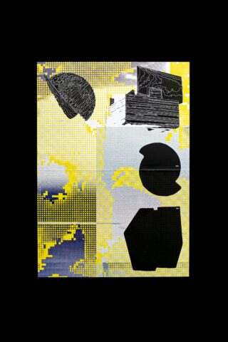 Abstraktes digitales Kunstwerk mit schwarzen geometrischen Formen, gelben Pixelmustern und grauen Farbverläufen auf einer quadratischen Leinwand mit schwarzem Rand.