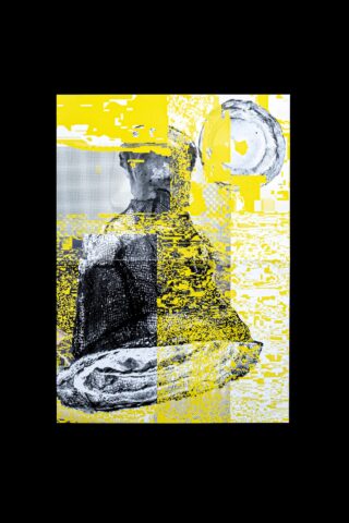 Abstraktes Kunstwerk mit einer Graustufenfigur mit überlappenden gelben digitalen Störungen und kreisförmigen Mustern auf schwarzem Hintergrund.