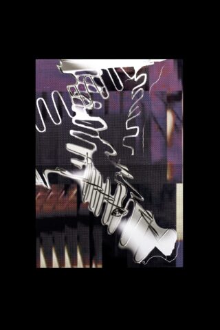 Abstraktes digitales Kunstwerk mit metallischen, fließenden Formen, die über einem Hintergrund aus geometrischen Mustern in dunklen Lila-, Schwarz- und Brauntönen liegen.