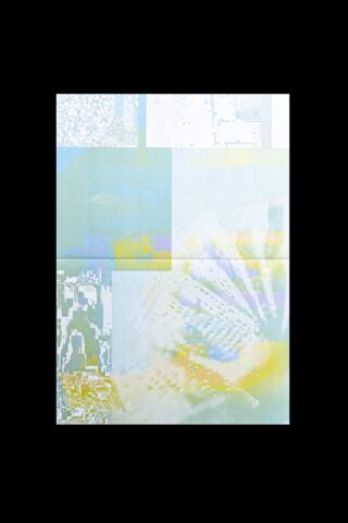 Ein digitales Kunstwerk mit abstrakten pixeligen Formen und Pastellfarben, angeordnet in einer Collage aus geometrischen Abschnitten auf schwarzem Hintergrund.