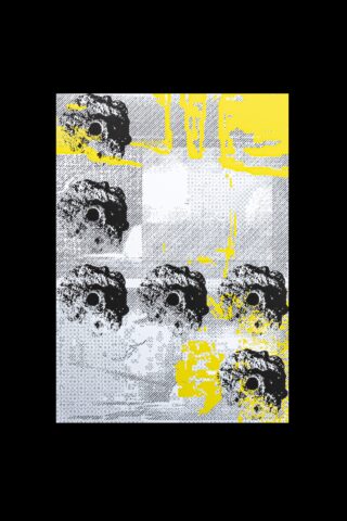 Ein Grafikbild zeigt ein Raster aus strukturierten, abstrakten Formen in Schwarz und Gelb auf weißem Hintergrund mit einer darüberliegenden pixeligen, gepunkteten Musterstruktur.
