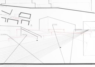 Schwarzweißer architektonischer Lageplan mit beschrifteten Gebäuden und diagonalen Linien, die Perspektiven oder Sichtlinien über die Karte anzeigen, einige davon zur Hervorhebung rot gezeichnet.