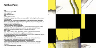 Eine Seite mit dem Titel „Point.to.Point“ zeigt links einen deutschen Text und rechts ein abstraktes Kunstwerk mit gelben, schwarzen und weißen zerrissenen Papiertexturen.