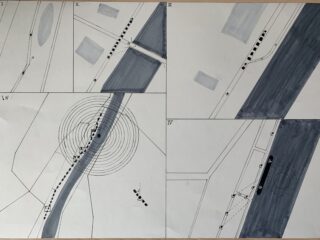 Ein Graustufendiagramm mit fünf Feldern mit Karten, Richtungspfeilen, nummerierten Punkten und schattierten Bereichen, die Bewegungen oder Aktivitäten auf einer Straße, einem Fluss oder im umliegenden Land darstellen.