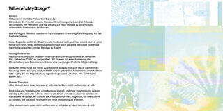 Deutscher Text mit dem Titel „Where’sMyStage?“ mit Absätzen zu Wahrnehmung, Kontext und Geist, neben abstrakten, pixeligen digitalen Kunstwerken in Blau- und Grüntönen auf der rechten Seite.