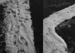 Schneebedeckter Boden mit zahlreichen Fußspuren und einem Handabdruck auf der linken Seite und einem geschwungenen Pfad aus Fußspuren im Schnee auf der rechten Seite.