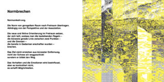 Eine Seite, die zwischen einem deutschen Text mit dem Titel „Normbrechen“ auf der linken Seite und einer abstrakten Grafik mit gelber, grauer und schwarzer Textur auf der rechten Seite aufgeteilt ist.