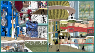 Ein geteiltes Bild zeigt zwei farbenfrohe, abstrakte architektonische Innenräume mit übereinander geschichteten geometrischen Formen und Silhouetten von Menschen, die mit der Umgebung interagieren.