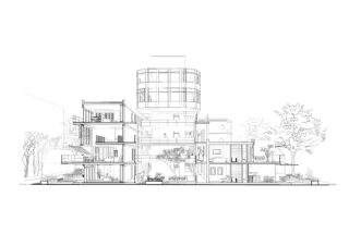 Schwarzweiße architektonische Schnittzeichnung eines mehrstöckigen Gebäudes mit einer zentralen zylindrischen Struktur, Treppen, Räumen und Landschaftselementen im Freien.