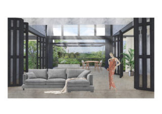 Ein geräumiger, moderner Wohn- und Essbereich mit großen Fenstern, einem grauen Sofa, einer drapierten Decke, schwarzen Falttüren, Grünpflanzen draußen und einer Frau in einem gemusterten Kleid.