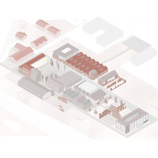 Axonometrische Darstellung eines Standorts mit mehreren Gebäuden, Freiflächen, Bäumen und angrenzenden Straßen, die eine geplante architektonische Anordnung zeigt.