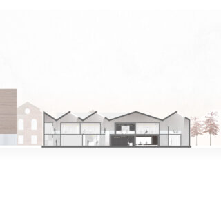 Architektonische Schnittzeichnung eines modernen, zweistöckigen Gebäudes mit großen Fenstern, sichtbaren Innenräumen und einem Sheddach; im Hintergrund sind Bäume und angrenzende Gebäude zu sehen.