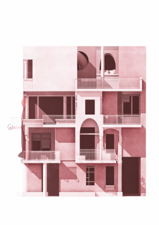 Eine minimalistische, rosa getönte architektonische Darstellung einer Gebäudefassade mit Balkonen, Bögen, Fenstern und geometrischen Schatten.