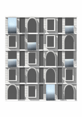 Eine symmetrische Gebäudefassade mit abwechselnd quadratischen und gewölbten Fenstern, einige mit blau gestreiften Markisen, die in einem Gittermuster angeordnet sind.