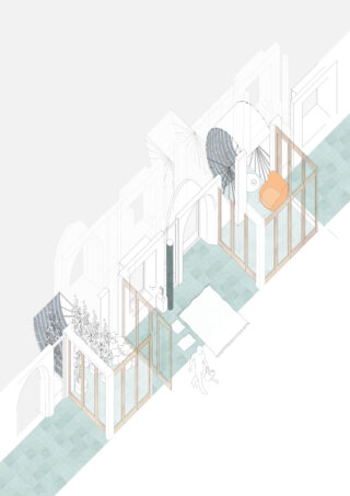 Axonometrische Zeichnung eines Innenraums mit Glastrennwänden, Sitzbereichen, Pflanzen und einer Person, die auf einem gefliesten Boden geht.