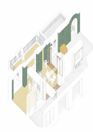 Isometrische Architekturzeichnung eines Innenraums mit grünen Trennwänden, interagierenden Menschen, einem langen Tisch, Sitzbereichen und einer Terrasse.