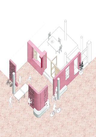 Isometrische Zeichnung eines teilweise offenen Hauses mit rosa Wänden, die Innen- und Außenbereiche angibt. Mehrere Figuren sind mit Aktivitäten wie Spazierengehen, Radfahren und Spielen im Freien beschäftigt.