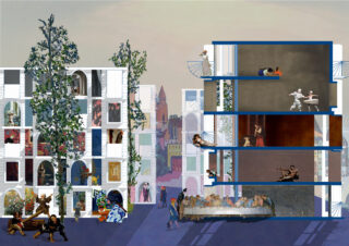 Ein architektonischer Querschnitt von Gebäuden zeigt klassische Gemälde und Skulpturen, die in Räume und Szenen integriert sind, mit Bäumen und Menschen im Vordergrund.