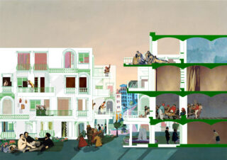 Eine digitale Illustration, die einen Querschnitt von Wohngebäuden mit verschiedenen Personengruppen und Aktivitäten sowohl drinnen als auch draußen vor einem pastellfarbenen Himmel zeigt.