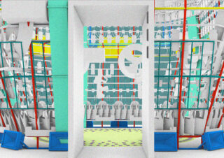 Eine digitale Darstellung einer abstrakten, geometrischen Struktur mit bunten Gittern, verschiedenen Formen und geschichteten Architekturelementen.
