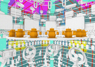 Das digitale Kunstwerk zeigt geometrische Formen, orangefarbene Schiffsmodelle und abstrakte Schaltkreismuster in Weiß-, Blaugrün- und Magentatönen, wodurch eine futuristische, vielschichtige Komposition entsteht.