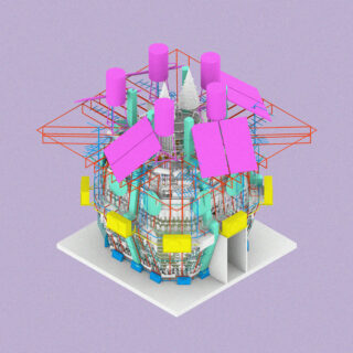 Ein farbenfrohes, abstraktes 3D-Modell einer kreisförmigen Industriestruktur mit verschiedenen geometrischen Formen, Rohren und Plattformen auf einem hellvioletten Hintergrund.