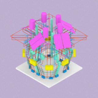 Ein farbenfrohes abstraktes 3D-Modell mit rosa Zylindern, blaugrünen Stäben, gelben Blöcken und roten Drahtgittern, angeordnet auf einer quadratischen weißen Basis vor einem violetten Hintergrund.