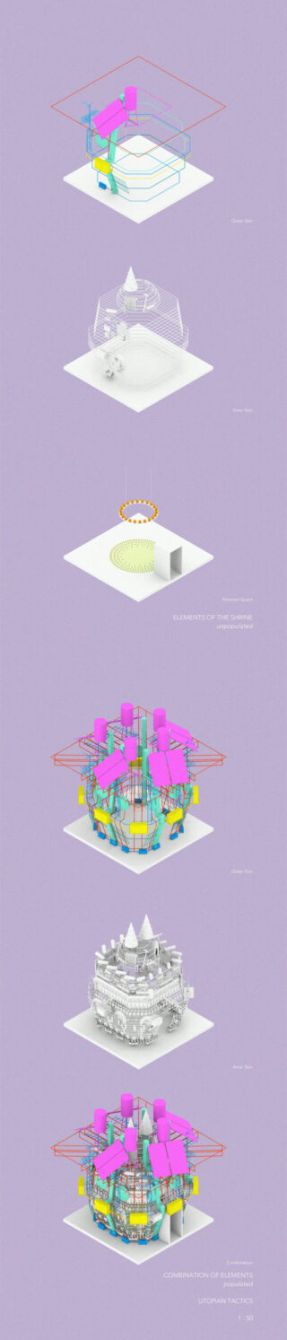 Eine vertikale Sequenz aus sechs abstrakten 3D-Architekturdiagrammen, die verschiedene Stadien der geometrischen und strukturellen Entwicklung auf einem hellvioletten Hintergrund zeigen.