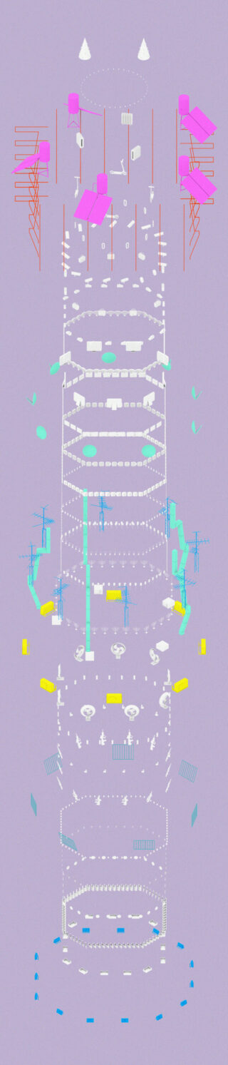Abstraktes vertikales Diagramm mit geometrischen Formen in Rosa, Blau, Gelb und Weiß auf violettem Hintergrund, angeordnet in einer ungefähr zylindrischen Formation.