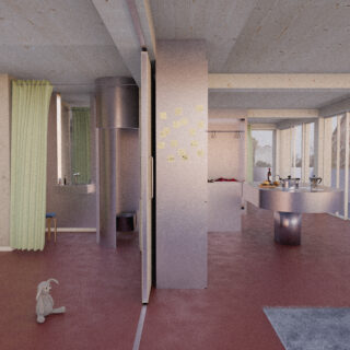 Modernes, offenes Interieur mit Küche, Essbereich und Badezimmer, abgetrennt durch einen grünen Vorhang; auf dem Boden liegt ein Plüschtier und an einer Metallwand hängen Haftnotizen.