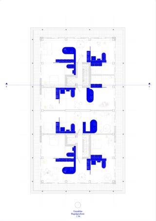 Architektonischer Grundriss mit drei gespiegelten Wohneinheiten, die jeweils Zimmer und eingebaute blaue Möbel bzw. Ausstattungsmerkmale zeigen, mit der Beschriftung „Grundriss“ im Maßstab 1:200.