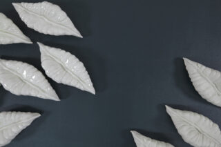 Weiße, blattförmige Keramikobjekte, angeordnet auf einer dunkelgrünen Oberfläche, mit einer Ansammlung auf der linken Seite und zwei getrennten Objekten auf der rechten Seite.