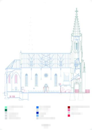 Technische Architekturzeichnung einer Kirche, die eine Seitenansicht und einen Schnitt mit beschrifteten Strukturelementen in verschiedenen Farben zeigt, darunter das Kirchenschiff, den Turm und den Dachstuhl.