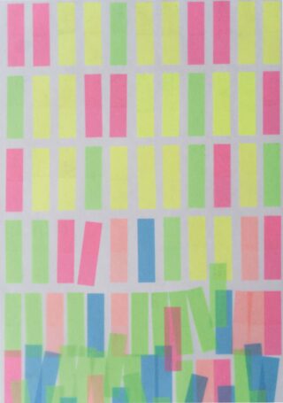 Auf einem weißen Hintergrund ist ein Raster aus rechteckigen Haftnotizen in den Farben Gelb, Rosa, Grün und Blau angeordnet, wobei sich einige davon unten überlappen.