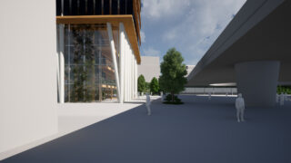 Ein modernes Gebäude mit Glaswänden und Säulen steht neben einer Hochstraße mit vereinzelten Bäumen und menschlichen Figuren in einem offenen städtischen Raum.