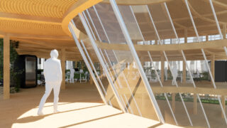 Ein moderner, offener Büroraum mit Holzböden und -decken, großen gebogenen Glasfenstern, Zimmerpflanzen und einem weißen Modell einer menschlichen Figur, das neben dem Fenster steht.