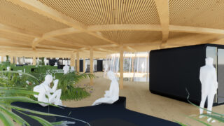 Großraumbüro mit Holzdecke und -boden, modernen schwarzen Trennwänden, Zimmerpflanzen und abstrakten weißen menschlichen Figuren, die überall im Raum sitzen und stehen.