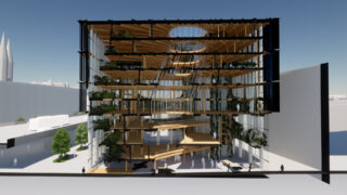 Querschnittsansicht eines modernen mehrstöckigen Gebäudes mit Holzböden, Glaswänden, Innenbegrünung, offenen Atrien und sichtbaren architektonischen Details.