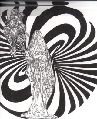 Eine drapierte, gesichtslose Figur mit einem Blumenstrauß steht vor einem wirbelnden schwarz-weißen Spiralhintergrund.