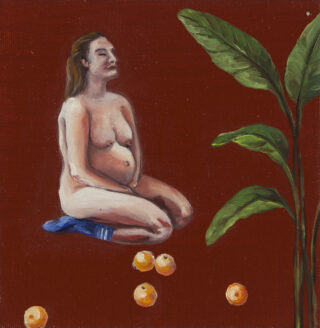 Eine nackte Person mit blauen Socken kniet neben verstreuten Orangen und einer Blattpflanze vor einem dunkelroten Hintergrund.