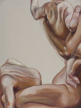 Ein Gemälde ineinander verschlungener, nackter menschlicher Körper, dargestellt in abstrakten und verzerrten Posen auf einem neutralen Hintergrund.