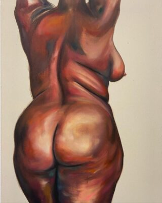 Ein Gemälde einer nackten Person von hinten, das die Konturen und Kurven ihres Körpers mit warmen, gemischten Farben hervorhebt.